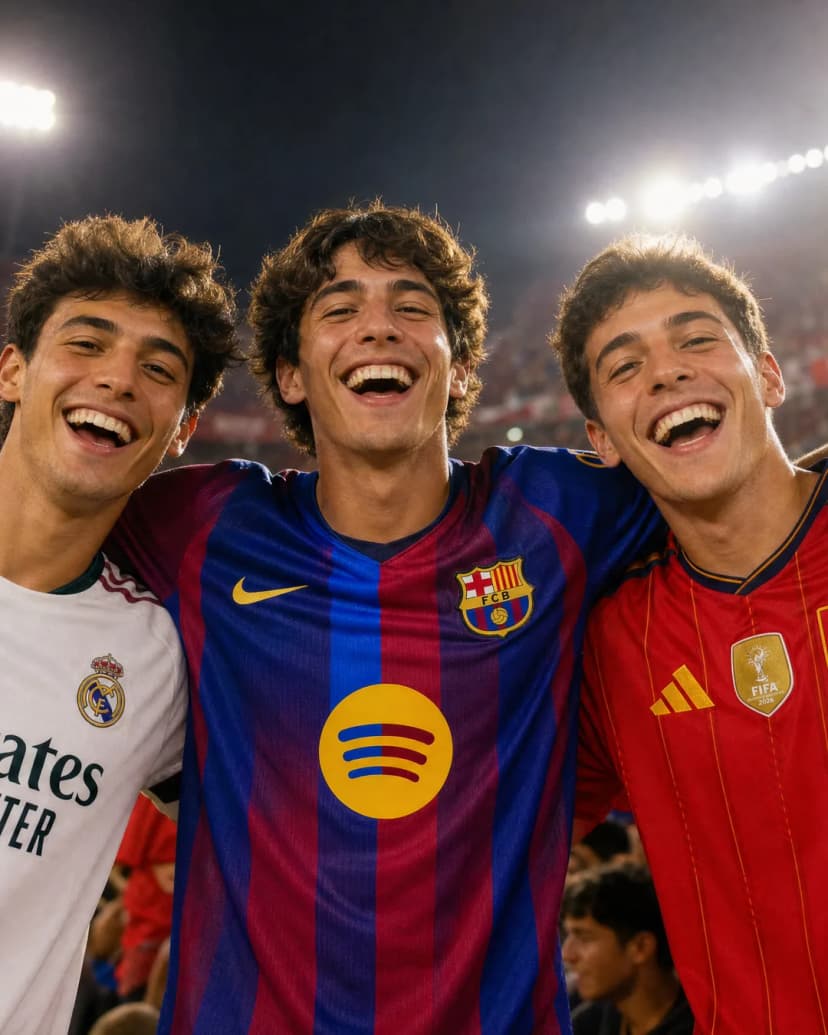 Tres amigos en la grada con camisetas del Real Madrid, del Barça y de España